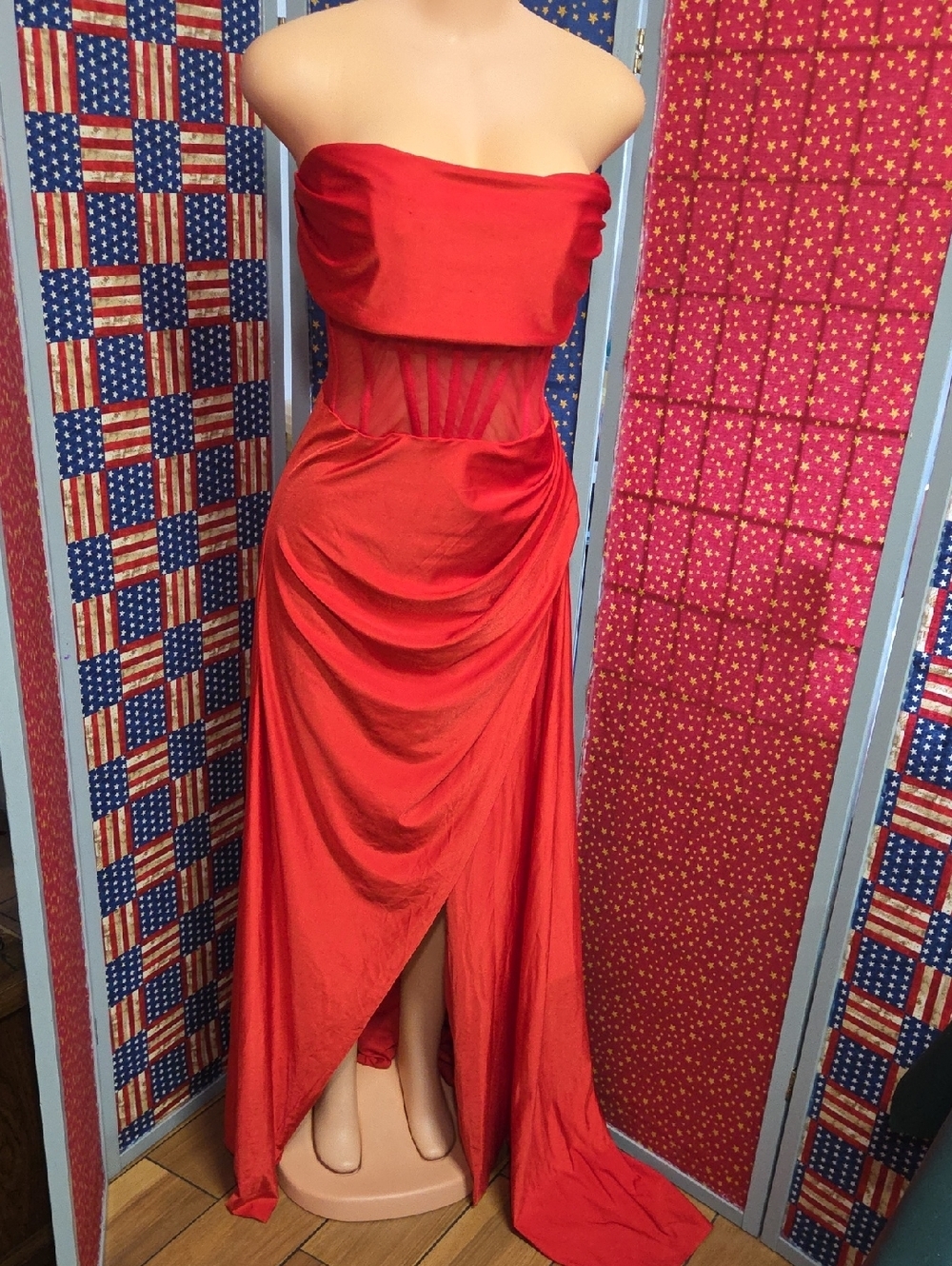 Fashion Nova Strapless Red Draped High-Low Gown - Picture 1 of 6